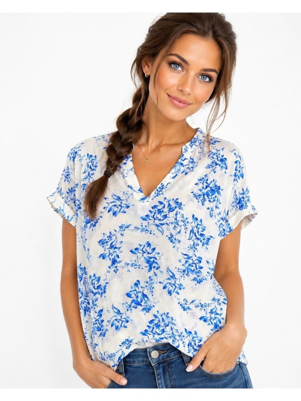 Gap Blue White Floral V Neck Roll Sleeve Blouse Size L Lightweight Top Summer